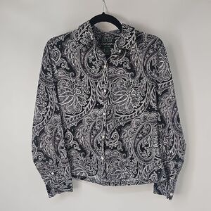 Ralph Lauren No Iron 100% Cotton Button Front Shirt Black & White Paisley